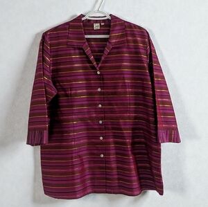 Sash Authentico Femminile 100% Pure Silk Striped  Blouse Purple Gold Sz 18